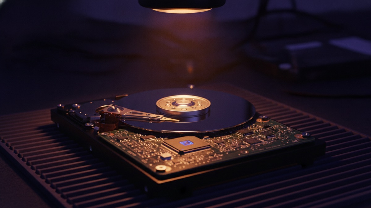 An opened hard drive on a workbench beneath an inspection lamp
