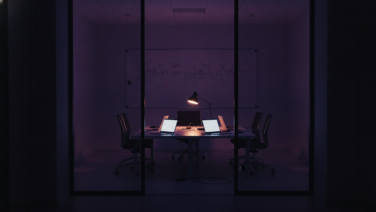 An empty glass-walled meeting room at night, laptops still open on the table