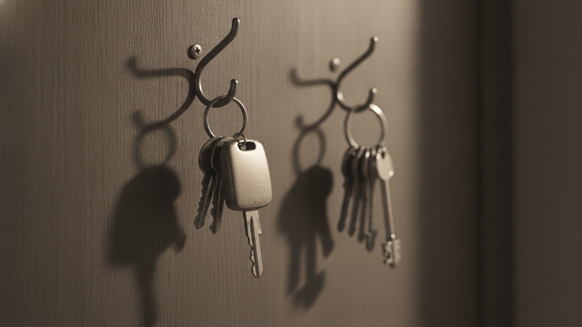 Two sets of keys hanging from adjacent hooks on a bare office wall