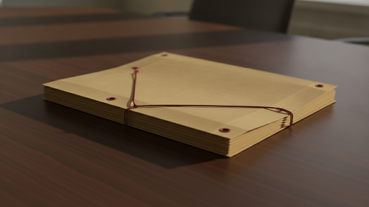 A closed manila folder sealed with a red string tie resting on a conference table