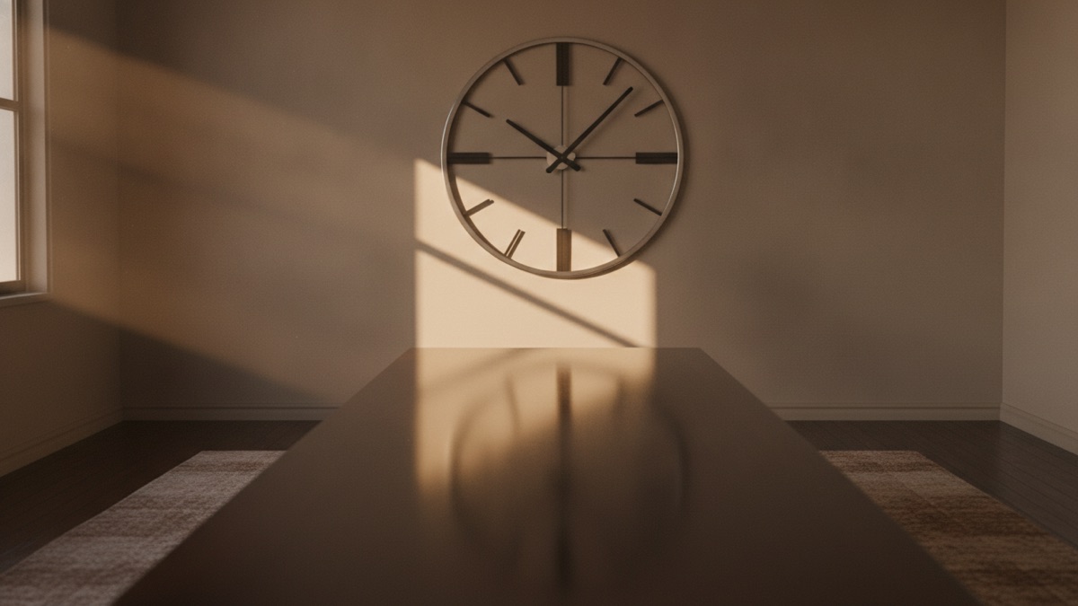 A wall clock above an empty boardroom table in early morning light