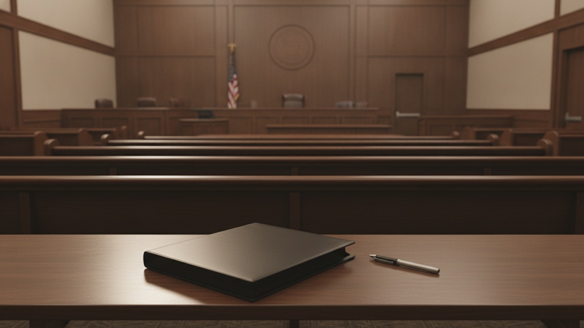 An empty federal courtroom gallery photographed from the back row in flat morning light