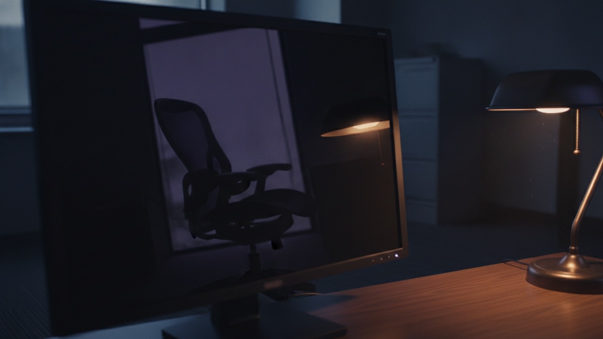 An empty office chair reflected indistinctly in a dark monitor