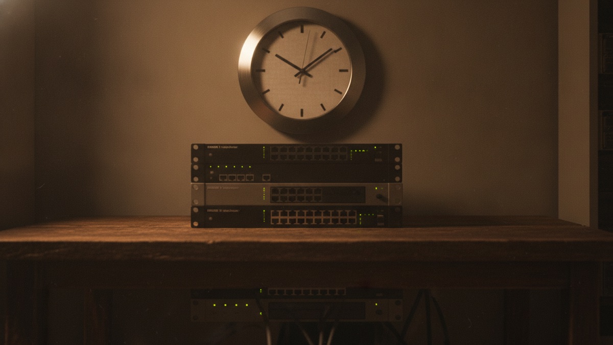 A wall-mounted analog clock above a rack of network switches in a dim equipment room