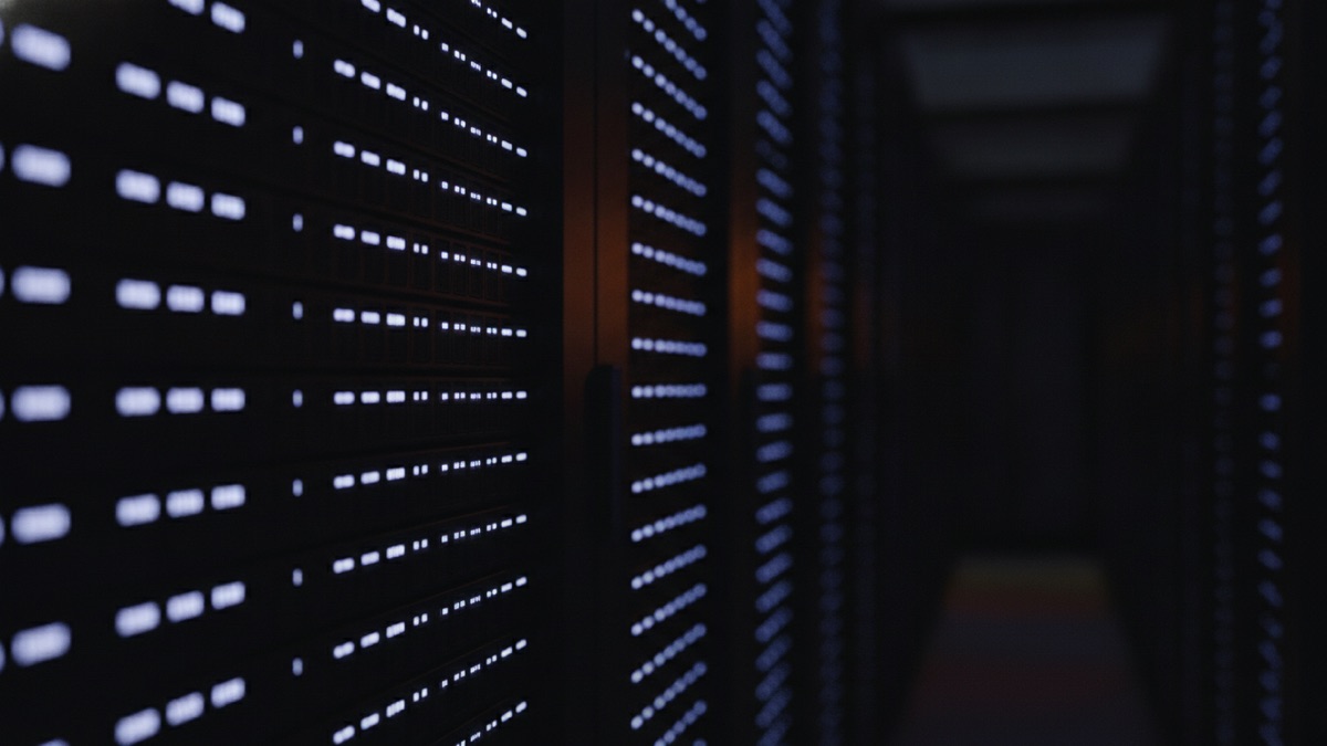 Rows of storage drive indicator lights receding into the dark, most of them out