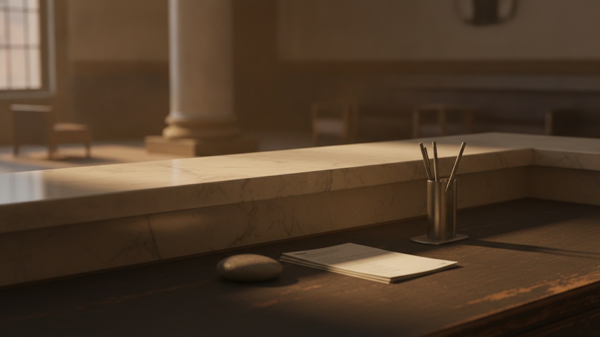 A bank lobby’s marble counter photographed early in the morning with no one standing at it